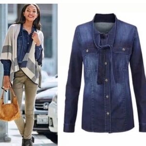 Cabi #3290 waterfront Tie Neck denim shirt. sz. Xl